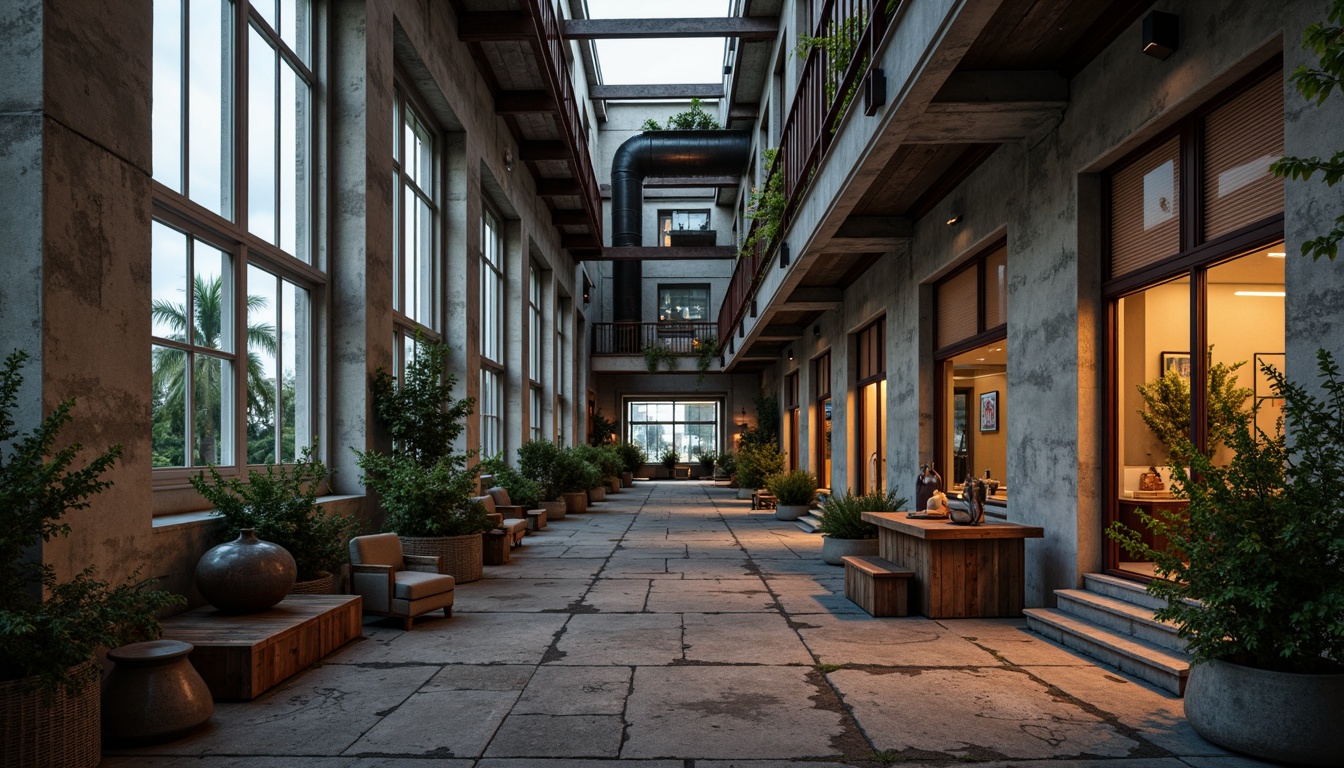 Prompt: Rugged industrial building, distressed concrete walls, rusty metal accents, worn wooden planks, earthy tone color palette, natural stone foundations, exposed ductwork, metallic beams, reclaimed wood furniture, urban cityscape, gloomy overcast sky, dramatic sidelight, high contrast ratio, 1/2 composition, atmospheric perspective, gritty realistic textures, subtle ambient occlusion.