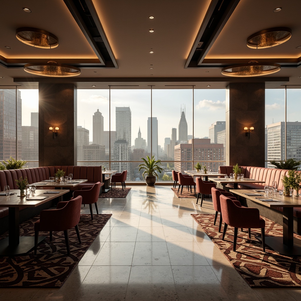 Prompt: Streamlined modern dining room, sleek minimalist furniture, curved lines, polished chrome accents, luxurious velvet upholstery, ambient warm lighting, rich wood tones, glossy marble tables, geometric patterned rugs, floor-to-ceiling windows, urban cityscape views, morning sunlight, shallow depth of field, 1/1 composition, realistic reflections, subtle texture details.