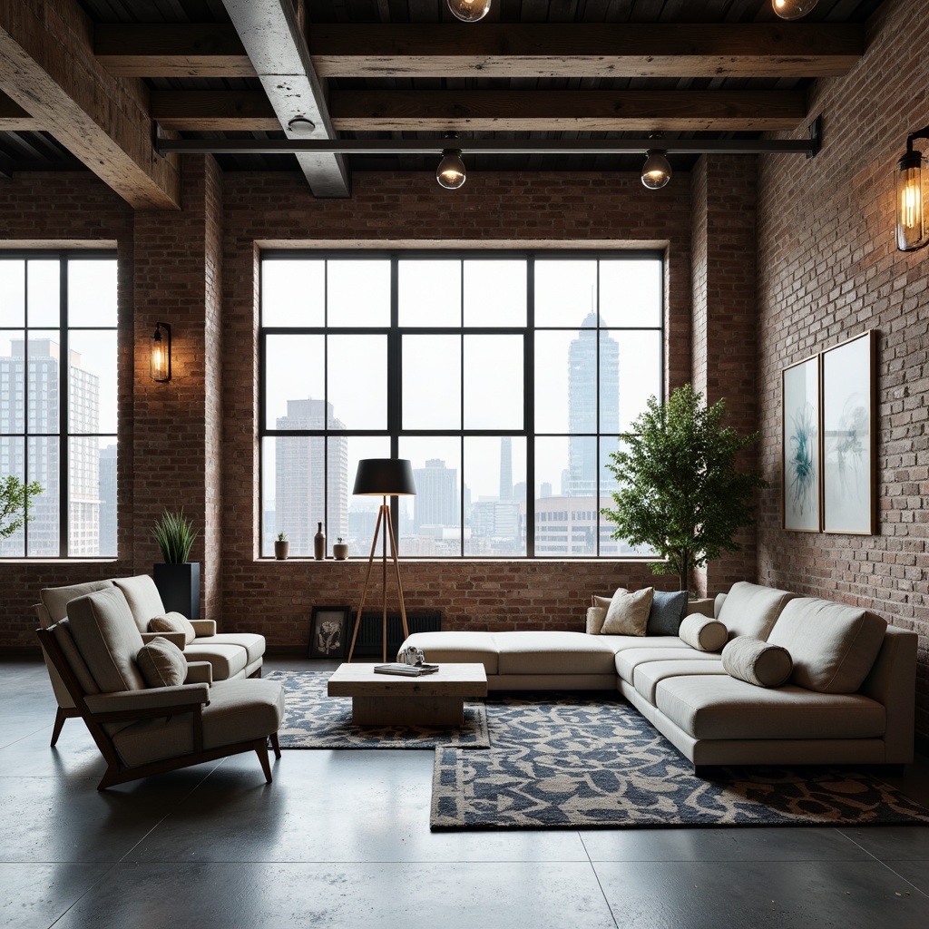 Prompt: Industrial-chic loft interior, exposed brick walls, polished concrete floors, reclaimed wood accents, steel beams, minimalist decor, monochromatic color scheme, neutral tones, soft grays, creamy whites, rich charcoals, deep blues, warm beige, natural textiles, linen upholstery, metallic lighting fixtures, Edison bulbs, industrial-style furniture, sleek low-profile sofas, geometric-patterned rugs, urban cityscape views, large windows, natural light, softbox lighting, atmospheric ambiance.