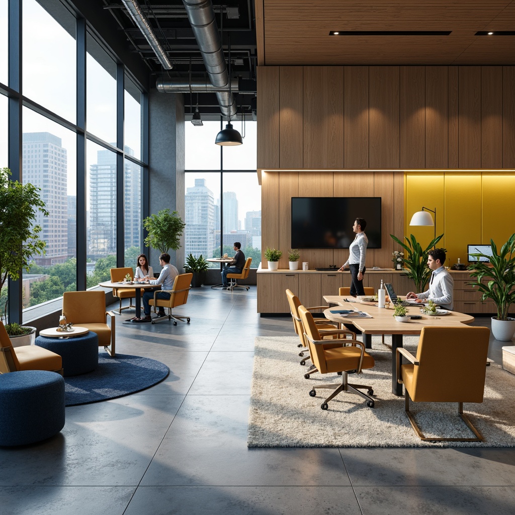 Prompt: Modern corporate office, sleek furniture, bold accent walls, calming neutral tones, rich wood textures, metallic hardware, ergonomic chairs, collaborative workspaces, plenty of natural light, floor-to-ceiling windows, urban cityscape views, vibrant blue and green hues, stimulating yellow accents, soothing beige backgrounds, warm task lighting, high-contrast color scheme, 2/3 composition, atmospheric rendering, realistic material finishes.