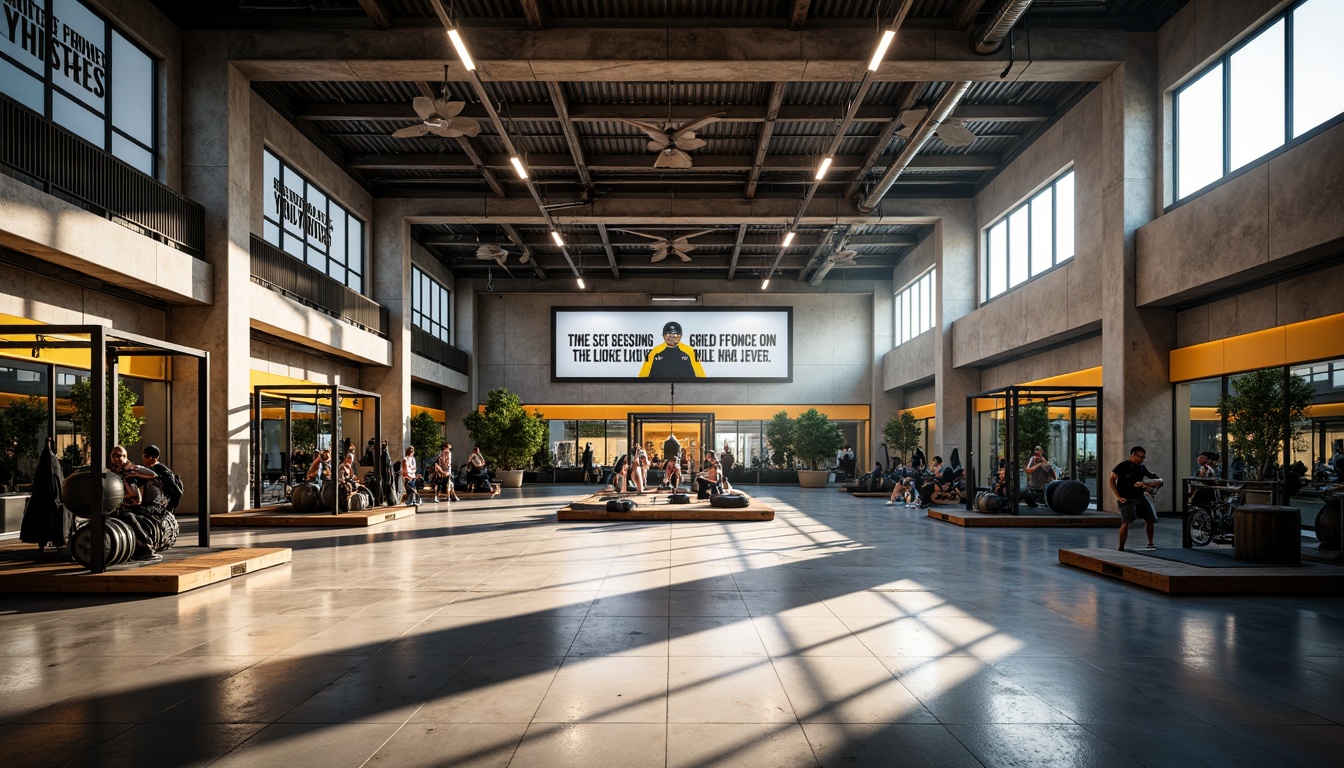 Prompt: High-ceilinged gymnasium, industrial-style metal beams, polished concrete floors, motivational quotes, sleek modern lighting fixtures, suspended LED lights, dynamic color-changing ambiance, energizing bright whites, warm inviting yellows, high-intensity spotlights, floor-to-ceiling mirrors, state-of-the-art fitness equipment, Olympic-sized weightlifting platforms, premium athletic flooring, intense workout atmosphere, early morning sunlight, dramatic shadowing effects, 1/2 composition, cinematic lighting, realistic reflections.