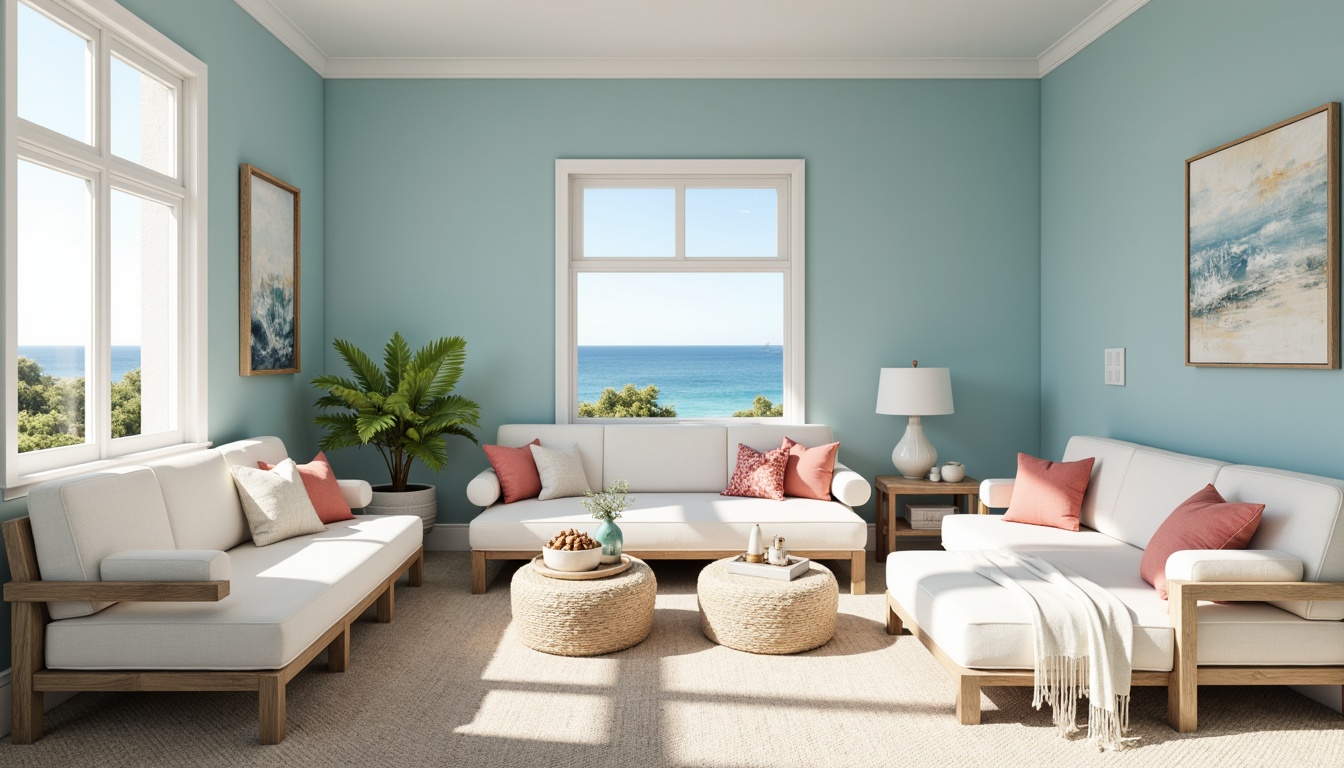 Prompt: Soft baby blue walls, creamy white furniture, distressed wood accents, sea salt beige carpet, ocean-inspired artwork, shells, driftwood decor, natural linen fabrics, calming wave patterns, gentle coral pink accents, soothing aqua hues, serene coastal views, warm sunny day, shallow depth of field, 1/1 composition, realistic textures, ambient occlusion.