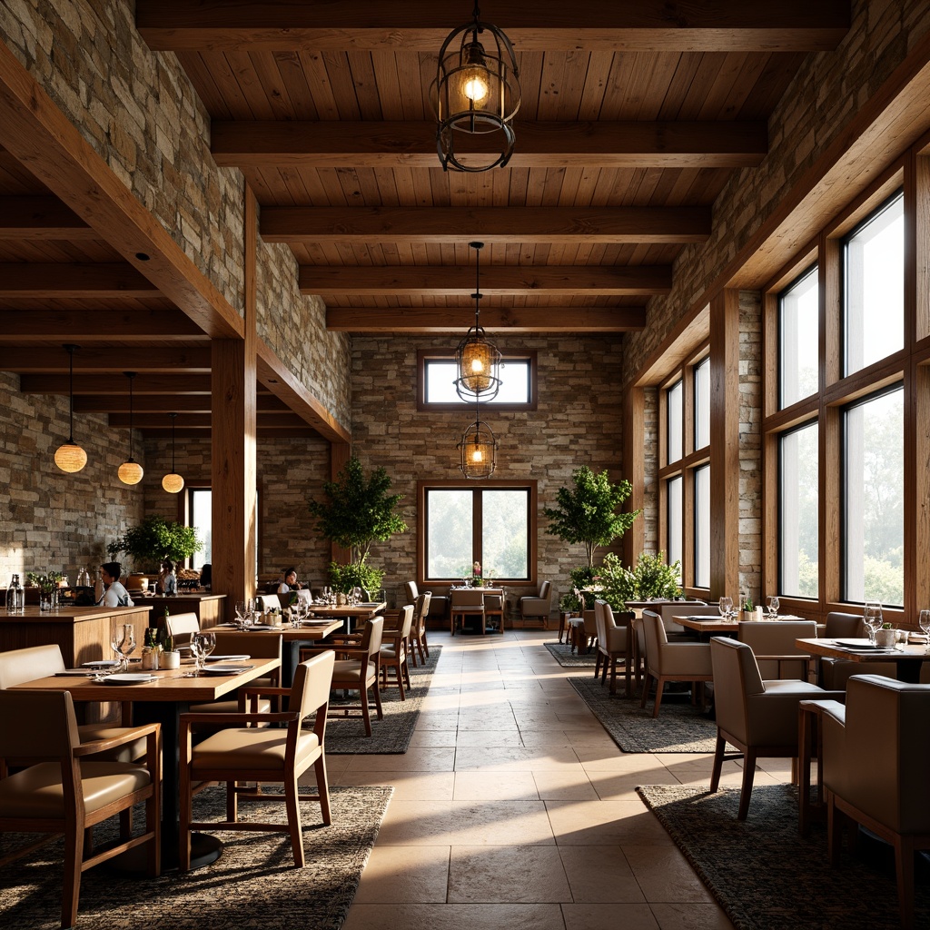 Prompt: Warm craftsman dining hall, rustic wooden beams, natural stone walls, earthy color palette, pendant lanterns, wrought iron chandeliers, distressed metal shades, warm candlelight, soft ambient glow, cozy table lamps, vintage-inspired lighting, industrial-style metal fixtures, exposed ductwork, reclaimed wood accents, plush area rugs, comfortable seating, large windows, abundance of natural light, morning sunlight, soft shadows, 3/4 composition, shallow depth of field.