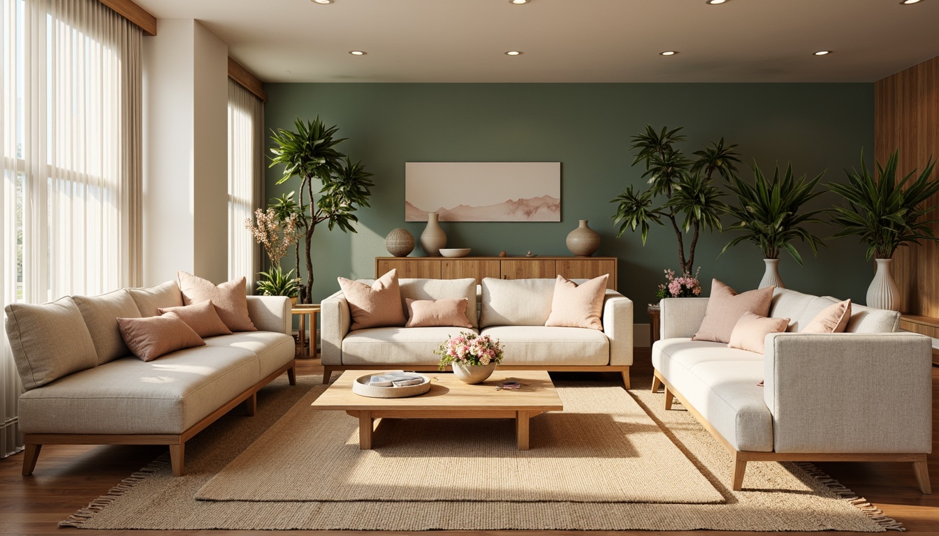 Prompt: Cozy living room, plush sofas, velvet armchairs, wooden coffee tables, minimalist decor, soft warm lighting, pastel color palette, comfortable throw pillows, woven rugs, natural textures, mid-century modern design, curved lines, elegant vases, fresh flowers, greenery walls, floor-to-ceiling windows, warm beige tones, inviting ambiance, relaxing atmosphere.