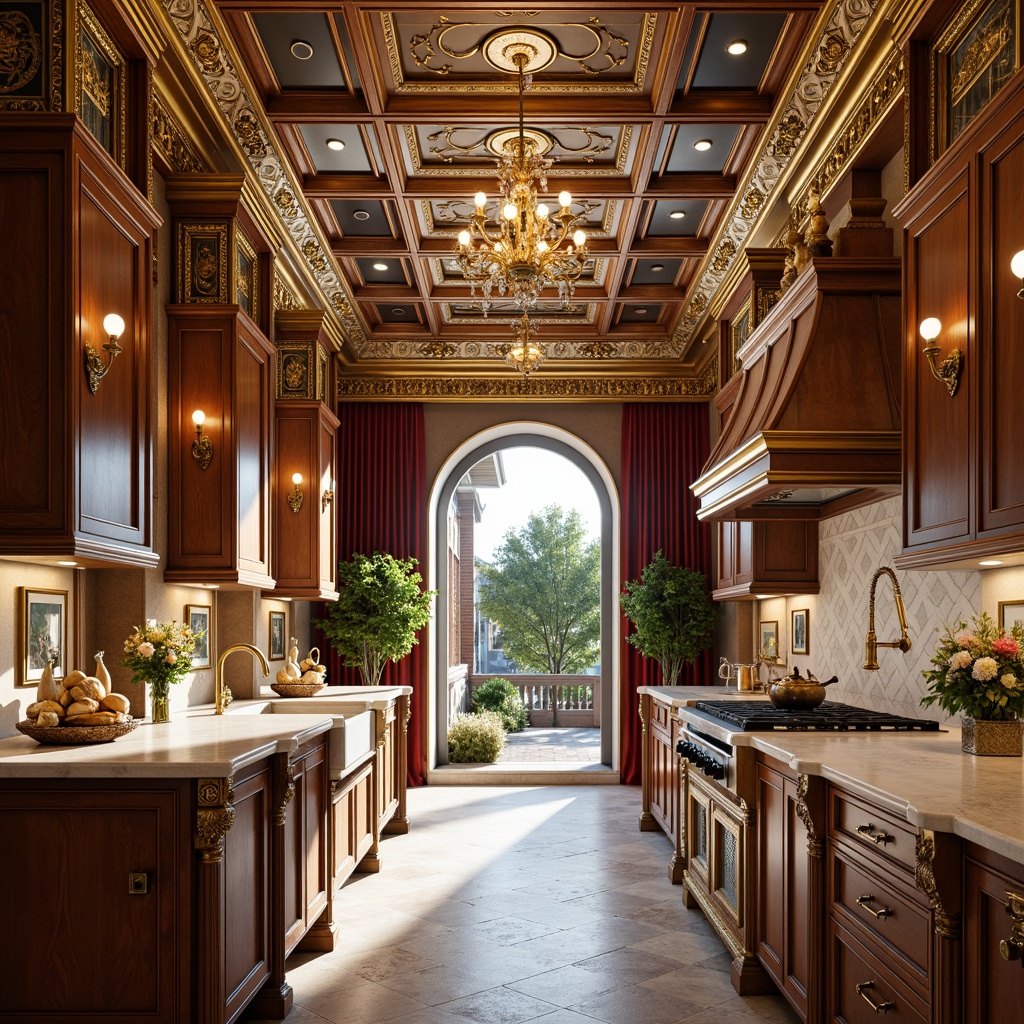 Prompt: Intricate kitchen cabinetry, gilded ornateness, luxurious marble countertops, ornamental cornices, grandiose chandeliers, lavish golden faucets, rich velvet drapes, carved wooden islands, majestic archways, stately pilasters, regal ceiling medallions, dramatic curved lines, soft warm lighting, shallow depth of field, 1/1 composition, realistic textures, ambient occlusion.