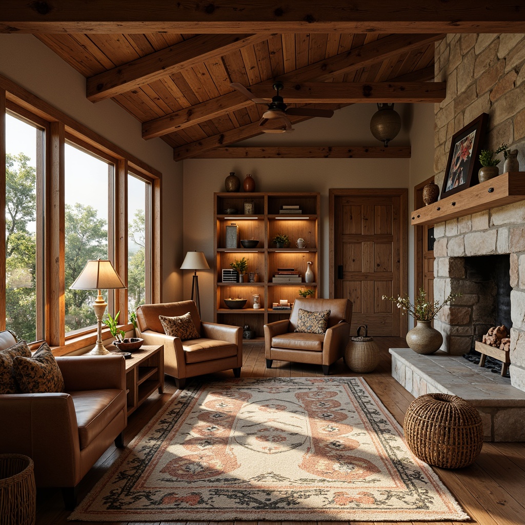 Prompt: Cozy craftsman interior, warm wood tones, natural stone walls, rustic wooden beams, plush area rugs, comfortable leather armchairs, soft warm lighting, table lamps, floor lamps, pendant lights, warm color palette, earthy textiles, woven baskets, handmade pottery, wooden decorative accents, metal hardware, inviting reading nooks, built-in shelving, large windows, natural daylight, subtle shadows, 1/2 composition, realistic textures, ambient occlusion.