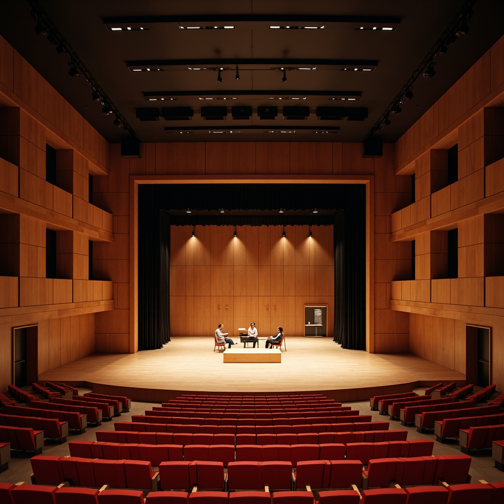 Prompt: Elegant auditorium, wooden stage, plush red seats, curved rows, acoustic panels, sound-absorbing materials, reverberation control, refined architectural details, modern minimalist design, subtle warm lighting, soft shadows, 1/2 composition, shallow depth of field, realistic textures, ambient occlusion, educational atmosphere, academic setting, formal events, lectures, presentations, performances.