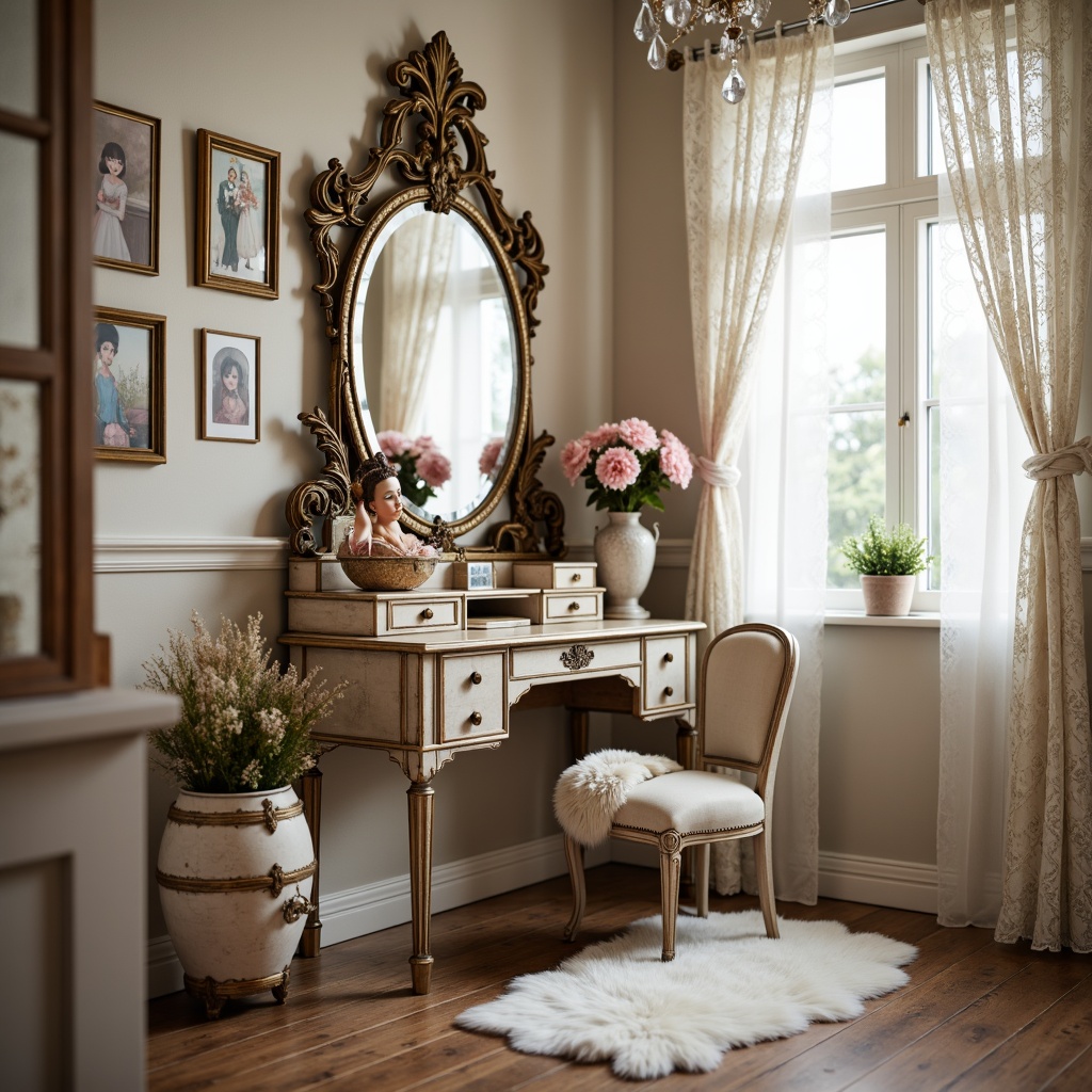 Prompt: Distressed wooden vanity, soft pink roses, lace curtains, vintage metal mirror, ornate gold frames, porcelain doll decor, fluffy white rugs, delicate crystal chandelier, pastel-colored walls, antique furniture pieces, feminine accessories, distressed finishes, warm candlelight, 1/1 composition, shallow depth of field, realistic textures, ambient occlusion.