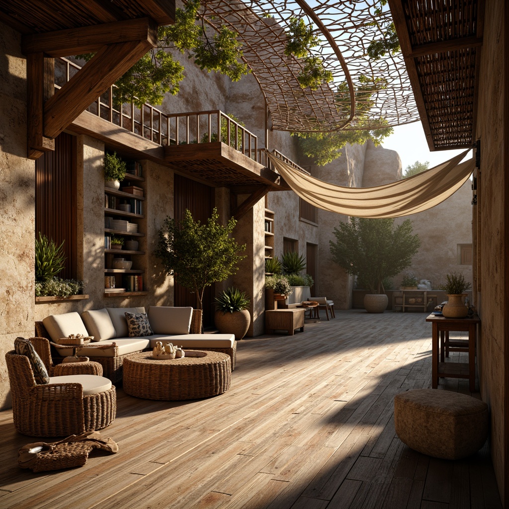 Prompt: Rustic wooden planks, distressed stone walls, rough-hewn rock formations, intricate metal latticework, woven wicker furniture, layered fabric canopies, earthy color palette, warm golden lighting, dramatic shadows, high contrast ratio, shallow depth of field, 1/2 composition, cinematic angle, realistic textures, ambient occlusion.