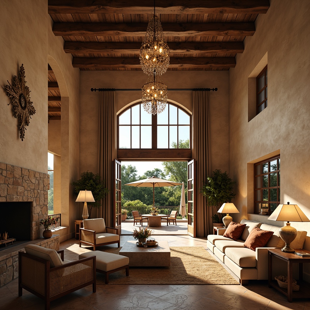 Prompt: Warm Mediterranean great room, high ceilings, ornate chandeliers, crystal pendant lights, table lamps, floor lamps, soft warm glow, ambient lighting, natural daylight, large windows, sliding glass doors, outdoor patio access, sunny afternoon, gentle breeze, rustic stone walls, wooden beams, earthy color palette, plush furniture, cozy textiles, subtle shadows, 1/2 composition, realistic render, soft focus.