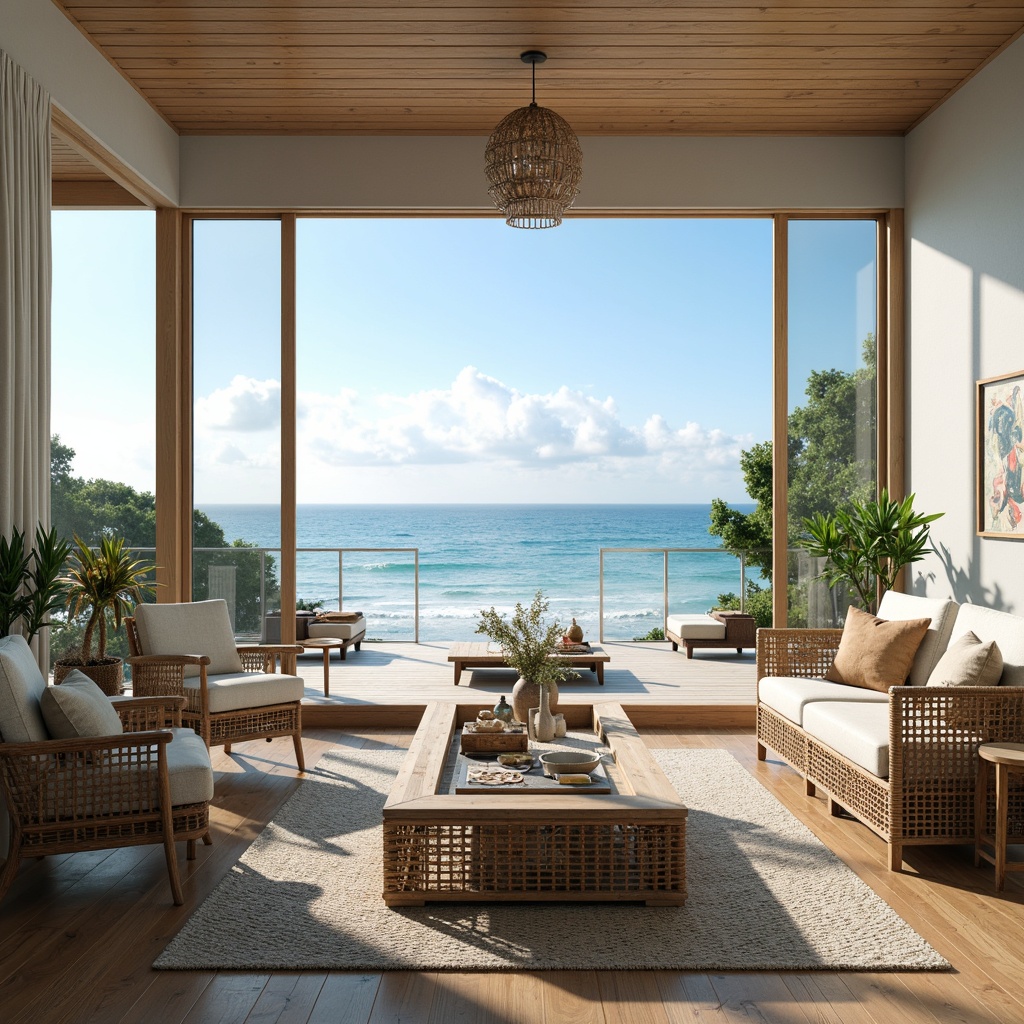 Prompt: \Coastal living room, oceanfront views, large windows, sliding glass doors, natural wood flooring, beach-inspired color palette, soft blue and green hues, comfortable sectional sofa, woven rattan furniture, nautical accents, vintage marine decor, driftwood coffee table, shell-patterned rug, tropical plants, floor-to-ceiling curtains, subtle coastal scents, warm sunny day, gentle ocean breeze, shallow depth of field, 1/1 composition, panoramic view, realistic textures, ambient occlusion.\