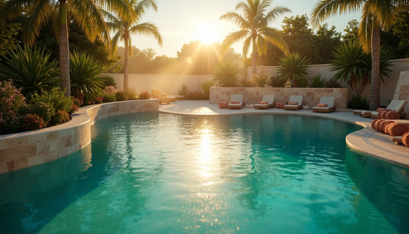 Prompt: Vibrant swimming pool, turquoise water, expressionist lighting, warm golden tones, dramatic shadows, rippling wave effects, shimmering sunlight, soft focus, atmospheric mist, dreamy ambiance, abstract reflections, colorful pool tiles, curved lines, organic shapes, natural stone surroundings, lush greenery, tropical plants, summer afternoon, gentle breeze, relaxed atmosphere, softbox lighting, high-key illumination, subtle color grading, cinematic composition.