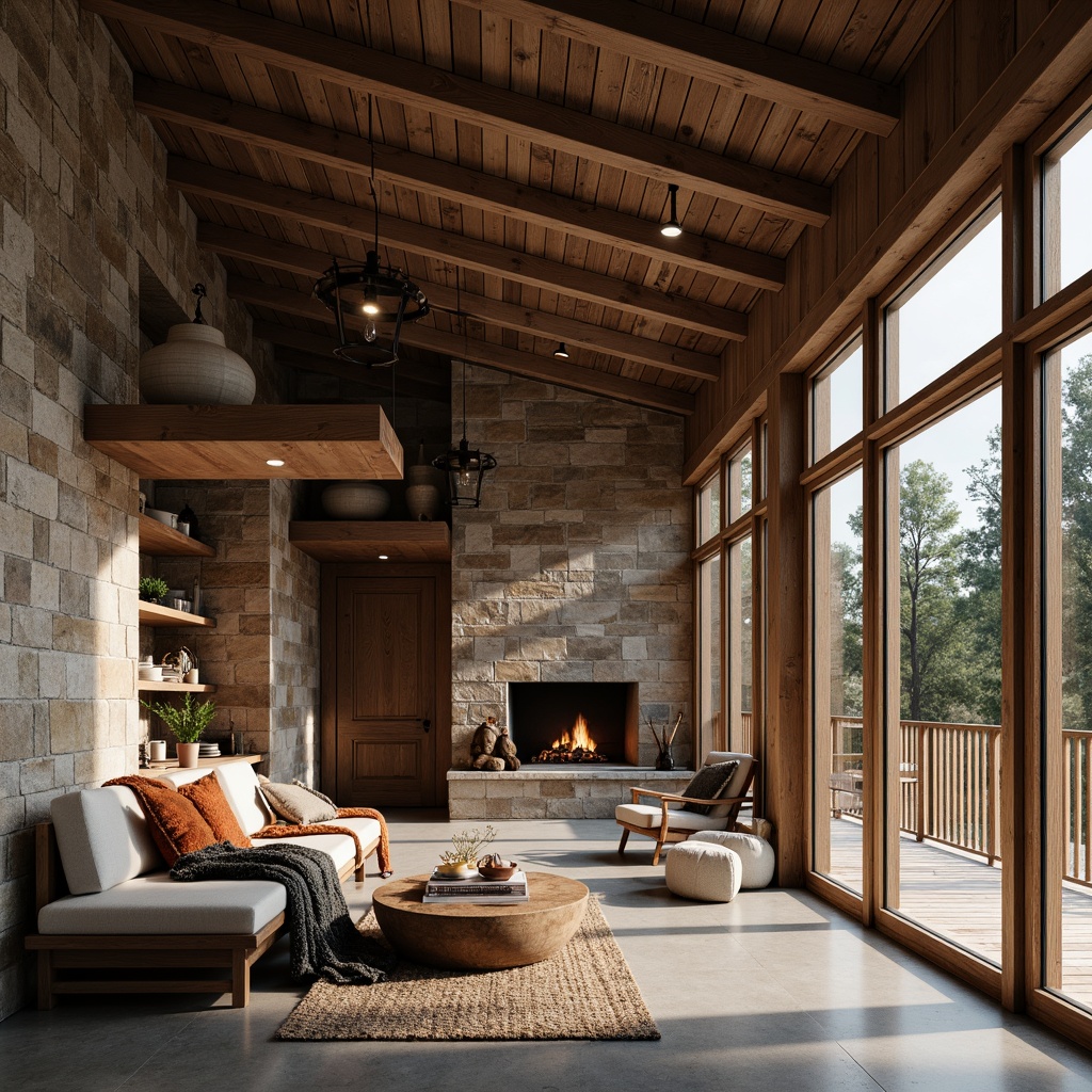 Prompt: Rustic wooden cabin, earthy tone, natural stone walls, textured concrete floors, reclaimed wood accents, metal roof, industrial chic, modern minimalist decor, cozy fireplace, plush throw blankets, warm ambient lighting, shallow depth of field, 1/2 composition, dramatic shadows, realistic render.