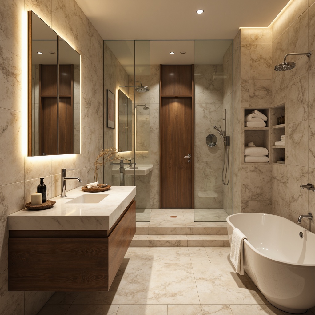 Prompt: Luxurious bathroom, marble countertops, polished chrome fixtures, wall-mounted sink, LED-backlit mirror, rainfall showerhead, body sprays, freestanding tub, sleek glass enclosure, heated floors, ambient lighting, spa-inspired ambiance, modern minimalist decor, high-gloss cabinetry, premium faucet handles, crystal knobs, ornate metalwork, sophisticated color palette, warm beige tones, rich wood accents, subtle texture contrasts, elegant proportions, refined detailing, precise geometric lines, soft warm glow, 1/1 composition, shallow depth of field, realistic reflections.