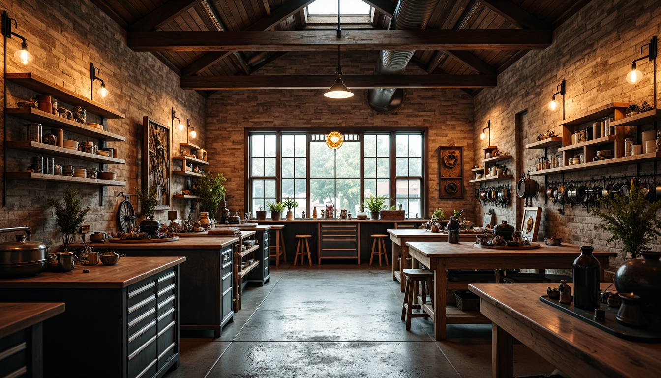 Prompt: Industrial workshop interior, wooden workbenches, metal toolboxes, rustic stone walls, exposed brick ceilings, reclaimed wood accents, vintage machinery displays, steel beams, distressed metal lighting fixtures, Edison bulb pendant lamps, warm softbox lighting, high contrast shadows, 1/2 composition, shallow depth of field, realistic textures, ambient occlusion.