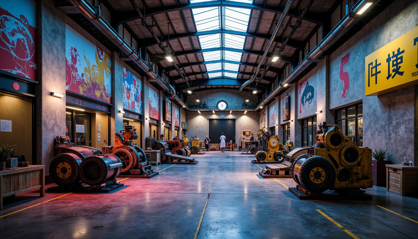 Prompt: Functional distribution center, exposed ductwork, industrial pipes, metallic beams, concrete flooring, neon signage, vibrant color accents, eclectic machinery, distressed textures, abstract expressionist patterns, oversized gears, futuristic conveyors, high-ceiling warehouse spaces, dramatic spotlighting, bold geometric shapes, urban cityscape views, moody atmospheric lighting, 1/2 composition, cinematic camera angles, gritty realistic rendering.