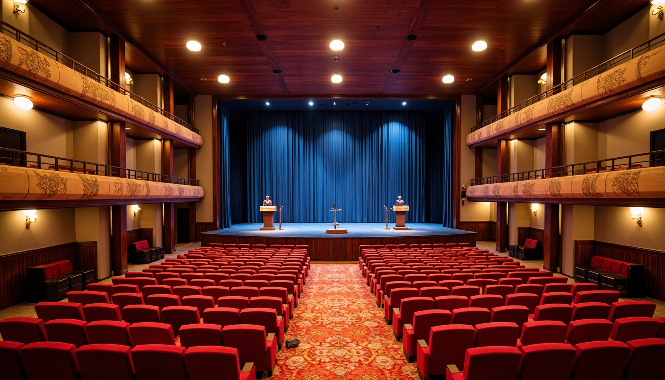 Prompt: Vibrant auditorium, rich wood tones, bold crimson accents, plush velvet seats, polished brass fixtures, ornate gold details, dramatic stage lighting, deep blue curtains, warm beige walls, luxurious carpeting, comfortable seating arrangements, tiered audience sections, elevated podiums, grand chandeliers, soft warm glow, high-contrast color scheme, dynamic focal points, symmetrical composition, realistic textures, ambient occlusion.