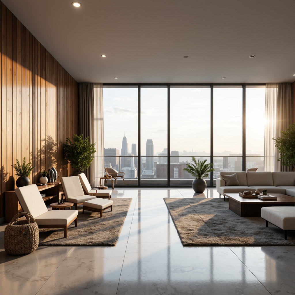 Prompt: Minimalist penthouse, vast open space, floor-to-ceiling windows, Scandinavian-inspired wooden accents, light-colored marble flooring, sleek modern furniture, plush area rugs, cozy reading nooks, panoramic city views, warm natural lighting, 1/1 composition, realistic textures, ambient occlusion, subtle morning sunlight, gentle breeze, calm atmosphere.