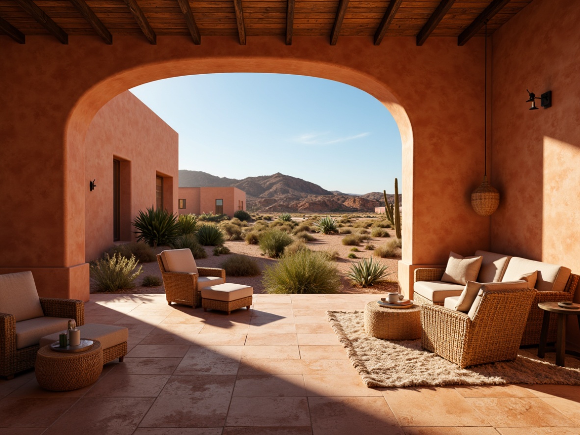 Prompt: Warm ochre walls, earthy terracotta floors, natural stone accents, rustic wooden beams, cozy candle lighting, soft warm atmosphere, shallow depth of field, 3/4 composition, panoramic view, realistic textures, ambient occlusion, serene desert landscape, sandy dunes, cactus plants, hot sunny day, clear blue sky, vast open space.