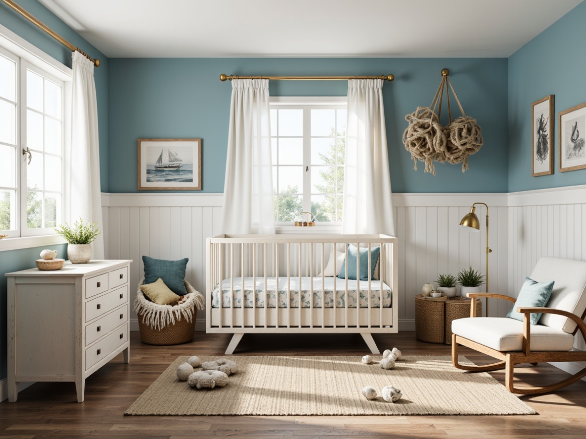 Prompt: Whimsical coastal nursery, soft blue walls, white wainscoting, natural wood flooring, ocean-inspired furniture, distressed driftwood crib, woven sea grass rug, billowy curtains, sheer linen fabrics, nautical-themed accessories, vintage fishing nets, shell-adorned decor, gentle wave-patterned bedding, plush toys, wooden rocking chair, seaside-inspired wall art, warm soft lighting, shallow depth of field, 1/1 composition, realistic textures, ambient occlusion.