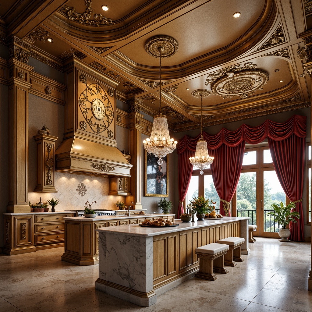 Prompt: Golden ornate details, intricately carved wooden cabinetry, rich velvet drapes, lavish crystal chandeliers, marble countertops, opulent gilded frames, curved baroque arches, grandiose kitchen island, decorative ceiling medallions, luxurious stone flooring, warm ambient lighting, soft focus blur, 1/1 composition, realistic textures, subtle ambient occlusion.