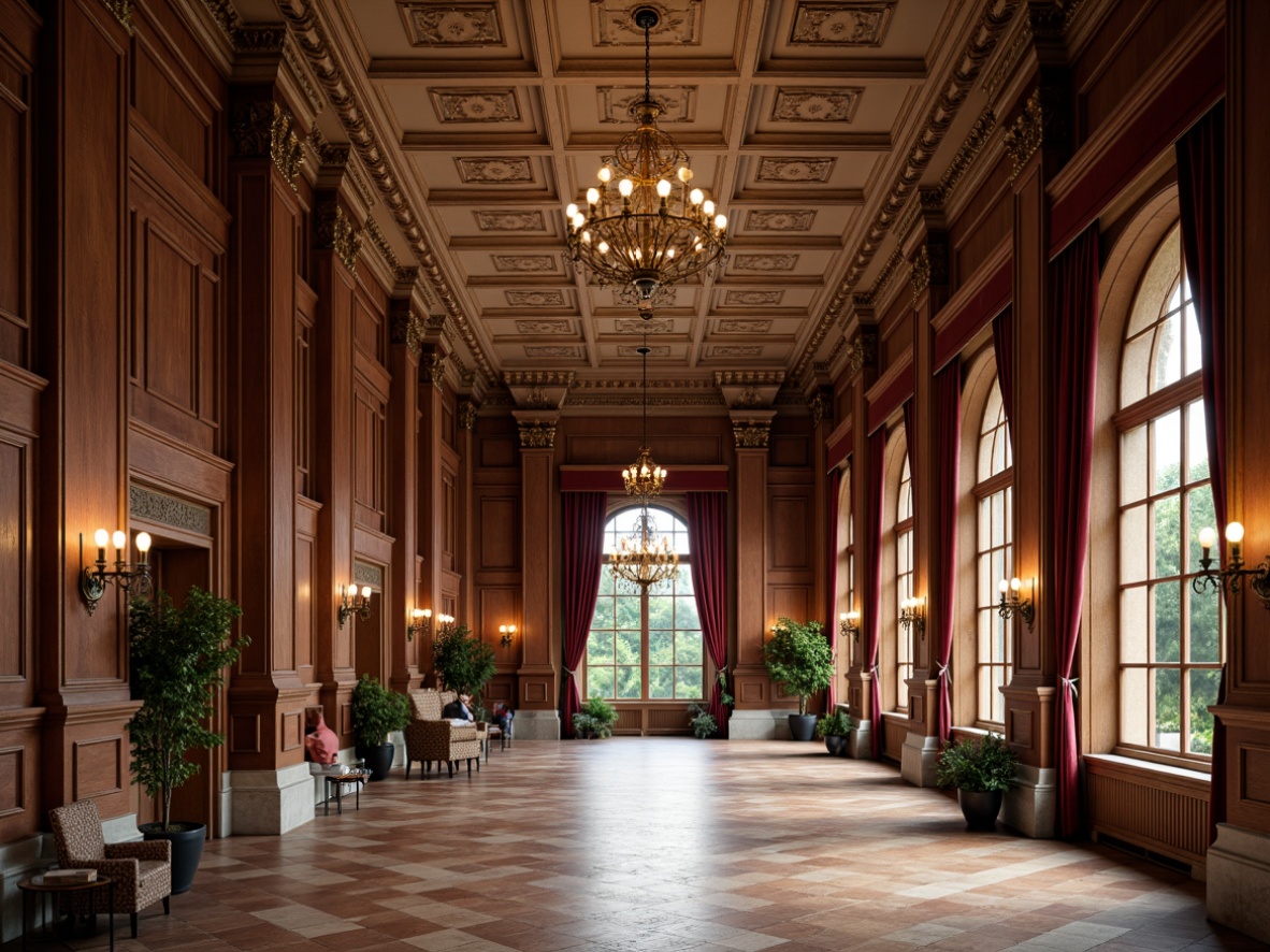 Prompt: Elegant university hall, rich wood paneling, ornate plaster ceilings, grand chandeliers, stately columns, luxurious velvet drapes, intricate stone carvings, polished marble floors, warm earthy tones, natural light pouring, dramatic high ceilings, atmospheric soft lighting, shallow depth of field, 1/2 composition, realistic textures, ambient occlusion.