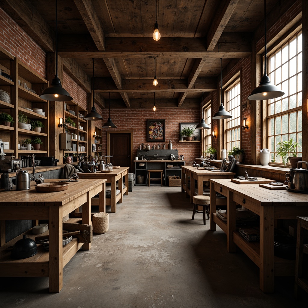 Prompt: Rustic workshop interior, wooden workbenches, metal tools, vintage machinery, exposed brick walls, reclaimed wood accents, industrial-style lighting fixtures, metal shades, Edison bulbs, warm cozy ambiance, soft diffused light, 1/2 composition, shallow depth of field, realistic textures, ambient occlusion.