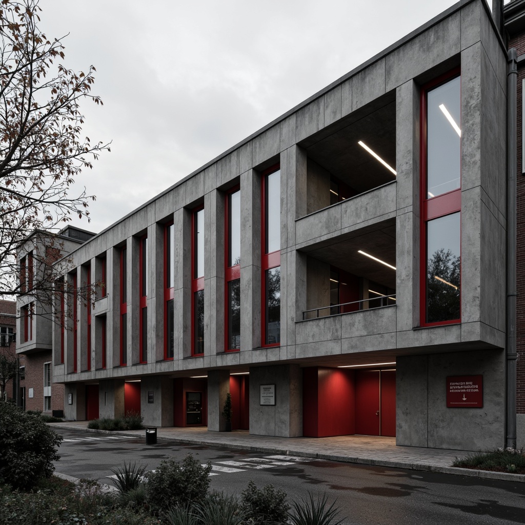 Prompt: Monochromatic hospital exterior, brutalist architecture, rugged concrete walls, angular lines, industrial-style lighting, bold red accents, steel beams, raw textures, urban landscape, overcast sky, dramatic shadows, low-key lighting, cinematic composition, high-contrast colors, rough-hewn stones, functional design, minimal ornamentation, sterile atmosphere, institutional feel, harsh geometries, abstract art installations.