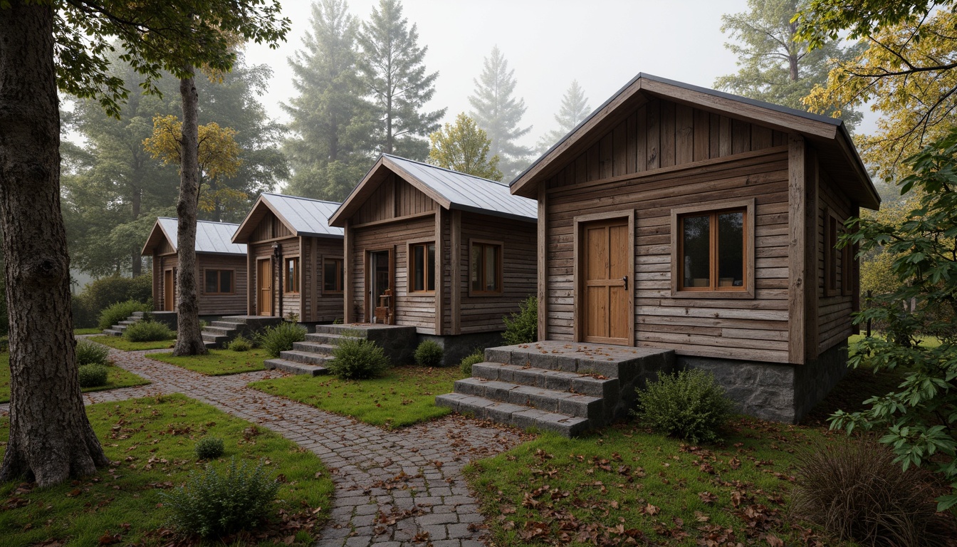 Prompt: Weathered wooden cabins, natural stone foundations, earthy tone exteriors, reclaimed wood accents, rusty metal roofing, distressed finishes, organic textures, moss-covered paths, forest surroundings, morning mist, soft warm lighting, shallow depth of field, 3/4 composition, panoramic view, realistic textures, ambient occlusion.