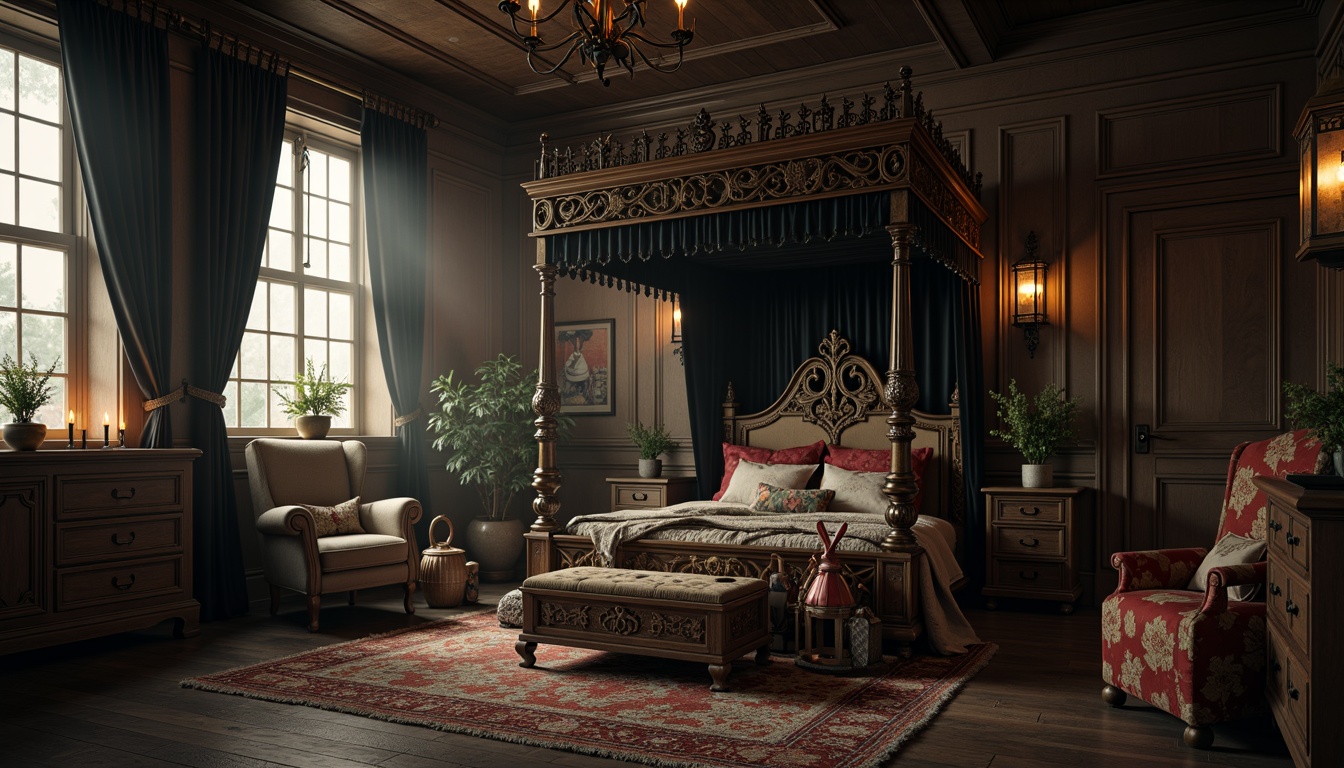 Prompt: Whimsical kid's bedroom, ornate Gothic furniture, mysterious dark woods, intricately carved four-poster bed, velvety black drapes, mystical medieval-inspired decor, playful toy chests, spooky lanterns, eerie candelabras, creepy cobwebs, eerie foggy atmosphere, dim warm lighting, shallow depth of field, 1/1 composition, dramatic shadows, rich textures, ambient occlusion.