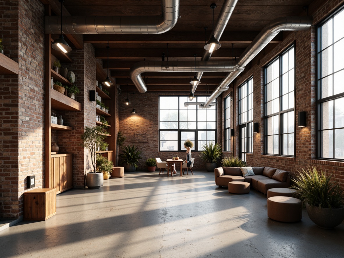 Prompt: Industrial chic interior, exposed brick walls, metal beams, reclaimed wood accents, polished concrete floors, minimalist decor, urban loft atmosphere, large windows, natural light, high ceilings, open layout, functional pipes, distressed textures, warm color palette, cozy ambient lighting, 1/1 composition, shallow depth of field, realistic renderings.