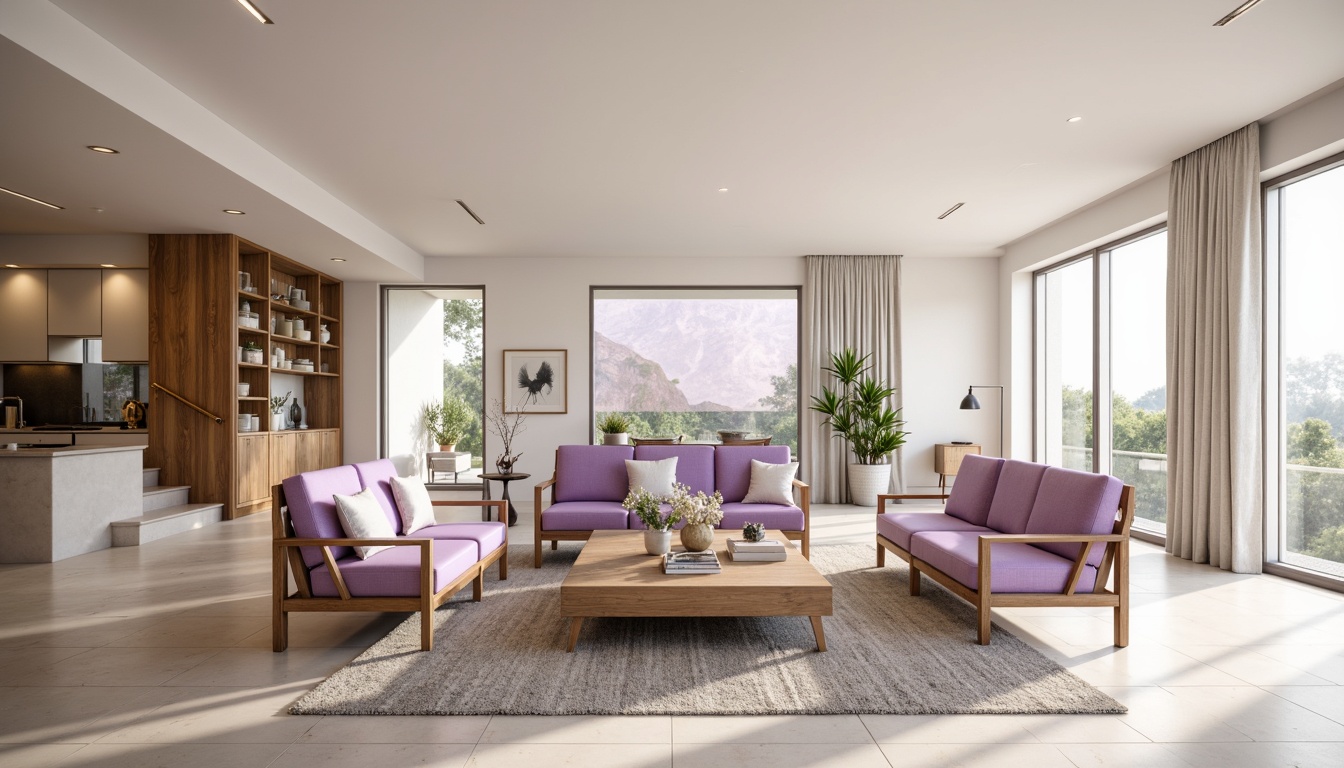 Prompt: Soft lilac hues, pastel purple accents, creamy whites, warm beige tones, natural wood textures, elegant gold fixtures, luxurious velvet fabrics, subtle floral patterns, refined modern furniture, spacious open-plan living areas, abundant natural light, airy atmosphere, shallow depth of field, 1/2 composition, soft focus, warm gentle lighting.