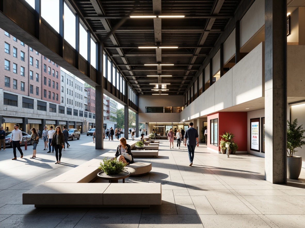 Prompt: Functional bus station, geometric shapes, primary color scheme, industrial materials, metallic accents, minimalist decor, open floor plan, high ceilings, natural light, urban surroundings, busy streets, modern architecture, rectangular forms, clean lines, functional furniture, informative signage, efficient traffic flow, ample waiting areas, sleek benches, overhead LED lighting, 1/2 composition, shallow depth of field, realistic textures.