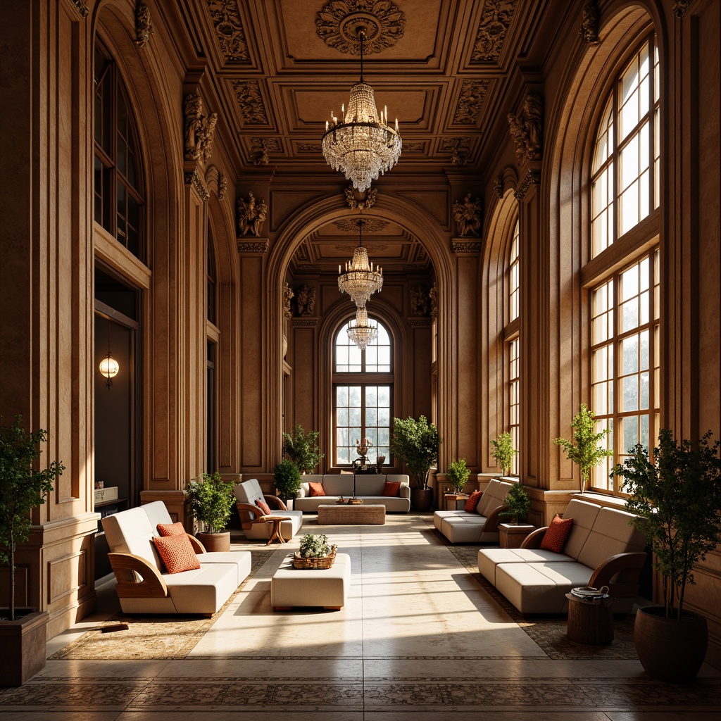 Prompt: Grandiose interior, high ceilings, ornate columns, carved capitals, intricate moldings, luxurious fabrics, rich wood tones, polished marble floors, crystal chandeliers, soft warm lighting, shallow depth of field, 3/4 composition, symmetrical layout, neoclassical architecture, elegant furnishings, refined textures, ambient occlusion.