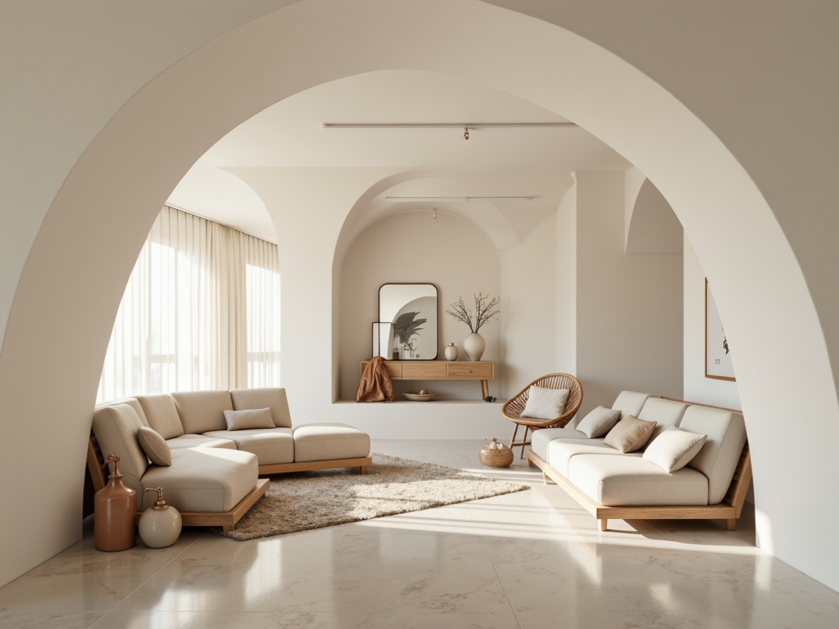 Prompt: Monochromatic interior, neutral color scheme, creamy whites, soft grays, beige tones, minimalist decor, sleek lines, curved silhouettes, polished metal accents, luxurious fabrics, velvet textures, ambient lighting, warm glow, shallow depth of field, 1/1 composition, symmetrical framing, realistic reflections, subtle shading.