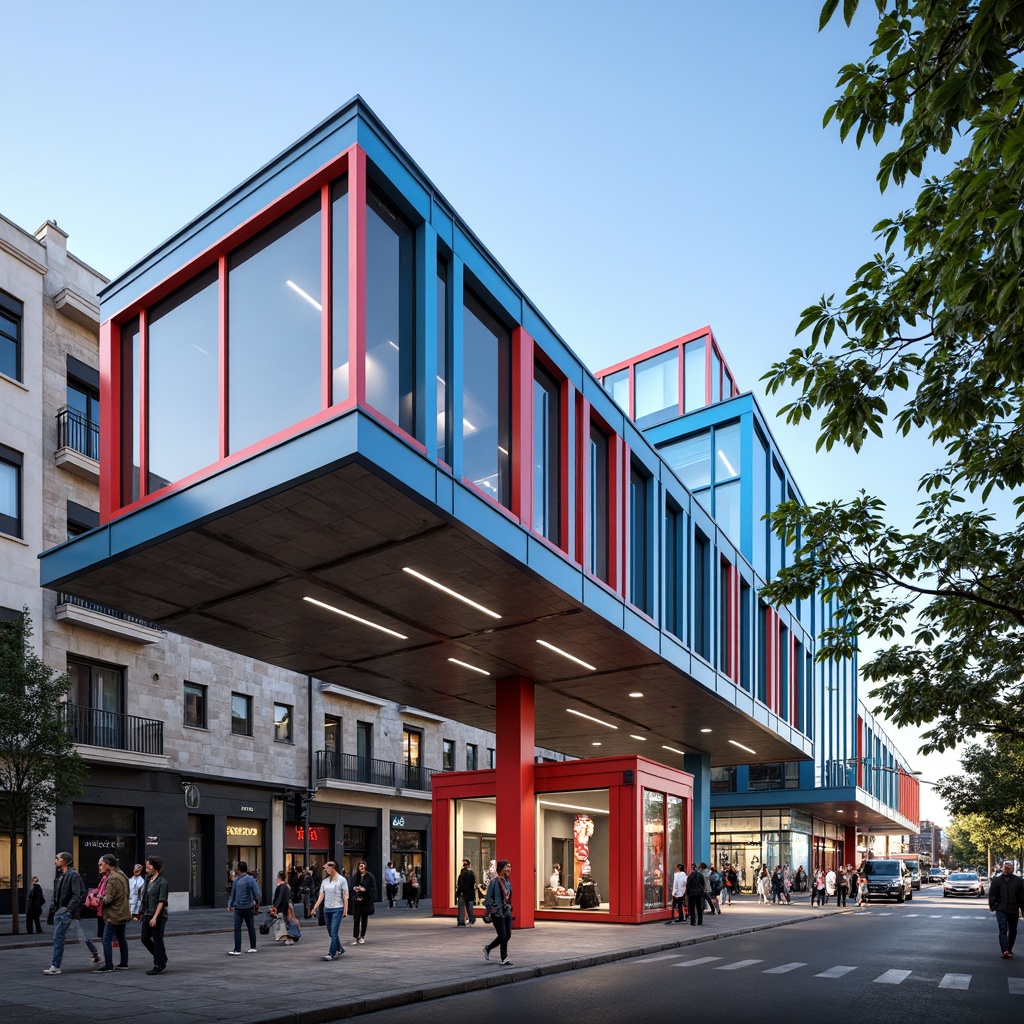 Prompt: Primary-colored bus station, geometric shapes, industrial materials, functional design, urban landscape, busy streets, modernist architecture, rectangular forms, bold typography, vibrant red accents, deep blue tones, sunny day, high-contrast lighting, sharp shadows, 1/1 composition, symmetrical framing, clean lines, minimalist decor, steel beams, concrete floors, glass roofs, urban jungle, bustling atmosphere, fast-paced lifestyle.