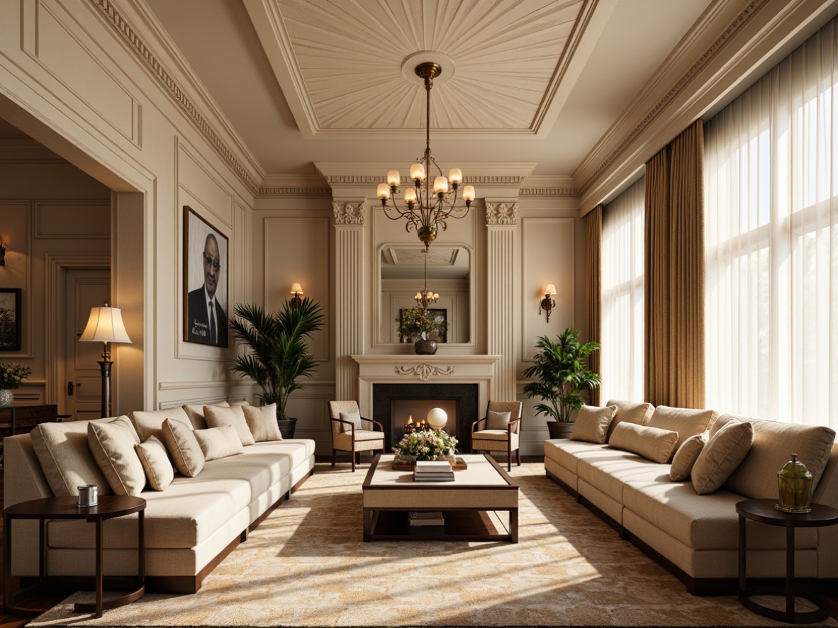 Prompt: Elegant family room, neoclassical architecture, ornate moldings, luxurious fabrics, rich wood tones, cream-colored walls, decorative wainscoting, subtle paneling, sophisticated trim work, opulent chandeliers, plush furnishings, lavish textiles, warm beige accents, soft golden lighting, shallow depth of field, 2/3 composition, realistic textures, ambient occlusion.