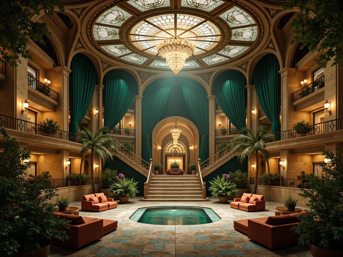 Prompt: Luxurious art nouveau amphitheater, ornate metalwork, flowing organic lines, jewel-toned mosaics, iridescent glass tiles, emerald green foliage, rich velvety curtains, gilded accents, soft warm lighting, dramatic spotlights, 3/4 composition, symmetrical architecture, grand staircases, opulent chandeliers, vintage distressed textures, ornate plasterwork, intricate moldings, warm beige stone walls.