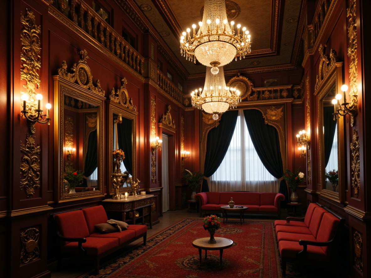 Prompt: Ornate chandeliers, crystal droplets, golden accents, lavish candelabras, intricate metalwork, ornamental sconces, grandiose pendant lights, luxurious draping, velvet fabrics, rich jewel tones, opulent furnishings, regal ambiance, warm soft glow, dramatic shadowing, subtle sparkle, 1/2 composition, symmetrical framing, elegant reflections, majestic architecture.