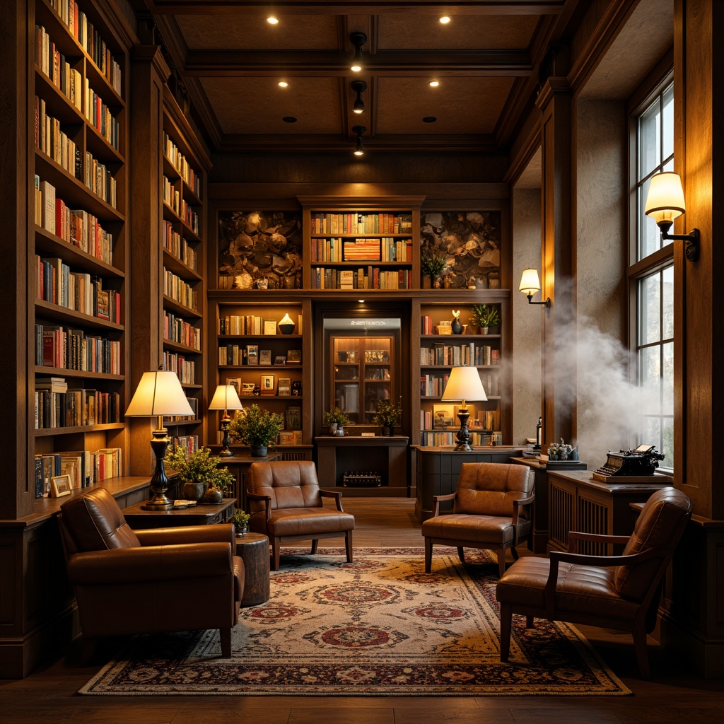 Prompt: Moody bookstore, warm golden lighting, rich wood accents, cozy reading nooks, floor-to-ceiling bookshelves, eclectic furniture, vintage typewriters, ornate metal fixtures, distressed leather armchairs, plush area rugs, dramatic floor lamps, warm beige walls, atmospheric smoke effects, cinematic shadows, 1/2 composition, low-key lighting, mysterious ambiance, expressionist color palette.