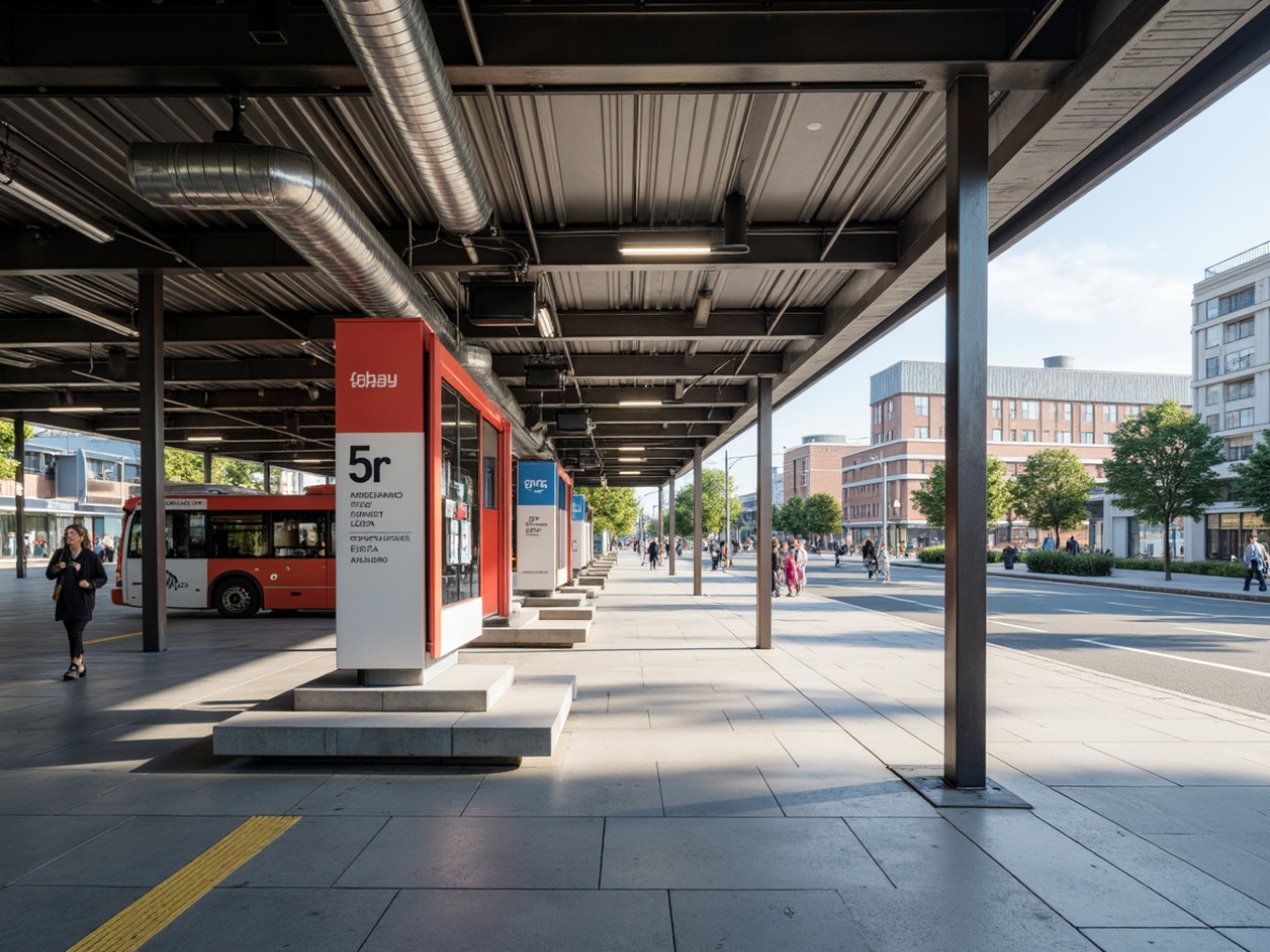 Prompt: Functional bus station, industrial materials, exposed ductwork, steel beams, concrete flooring, minimalist aesthetic, bold typography, primary color scheme, geometric shapes, rectangular forms, clean lines, minimal ornamentation, task-oriented lighting, suspended light fixtures, metal shades, fluorescent tubes, high ceilings, open spaces, urban landscape, busy streets, modern cityscape, natural daylight, soft shadows, 1/1 composition, realistic textures, ambient occlusion.