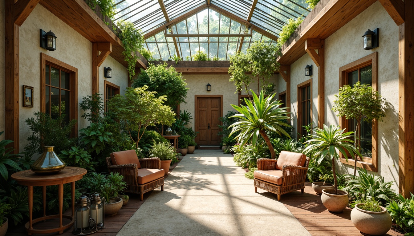 Prompt: Vibrant botanical greenhouse, lush greenery, natural wood accents, earthy terracotta pots, warm beige stonework, soft sage walls, creamy white trim, rich wooden floors, eclectic academic decor, vintage scientific instruments, distressed leather armchairs, ornate metal lanterns, abundant natural light, dappled shade, 1/1 composition, shallow depth of field, realistic textures, ambient occlusion.