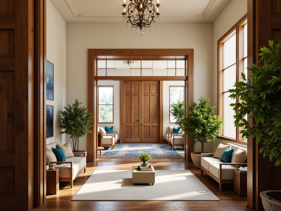 Prompt: Welcoming entrance, soft warm lighting, elegant wooden doors, polished brass hardware, inviting foyer, creamy white walls, rich dark wood floors, lush greenery, vibrant floral arrangements, comfortable seating areas, calming beige tones, soothing blue accents, natural stone features, grand chandelier, sophisticated color scheme, 1/1 composition, shallow depth of field, realistic textures.