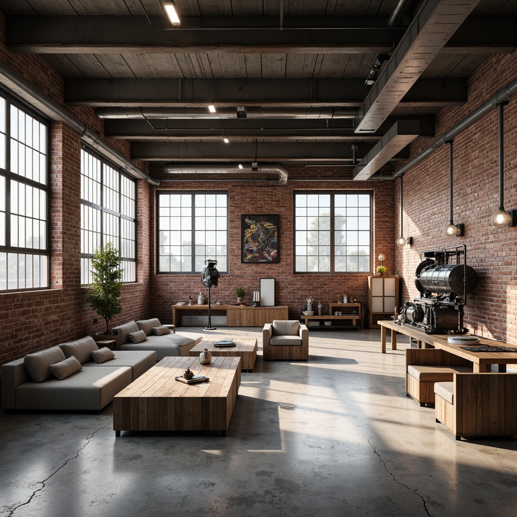 Prompt: Industrial chic factory, exposed brick walls, metallic beams, concrete floors, neutral tone color scheme, minimal ornamentation, functional lighting, steel windows, reclaimed wood accents, industrial-style furniture, mechanical equipment displays, urban loft atmosphere, soft natural light, high ceilings, open space layout, 1/1 composition, realistic textures, ambient occlusion.