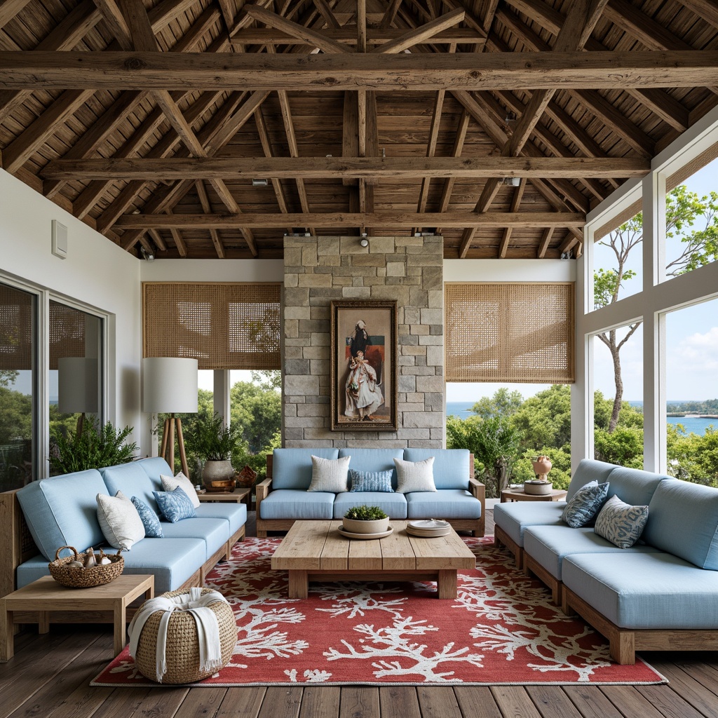 Prompt: Driftwood accents, ocean-blue hues, coral-patterned rugs, natural fiber upholstery, reclaimed wood furnishings, nautical-themed decor, distressed finishes, sea-salt air, warm beachy lighting, shallow depth of field, 1/2 composition, soft focus, blurred background, rustic metal fixtures, woven wicker furniture, tropical plants, coastal landscape views, serene ambiance, calming color palette, weathered stone walls, wooden dock-inspired features.