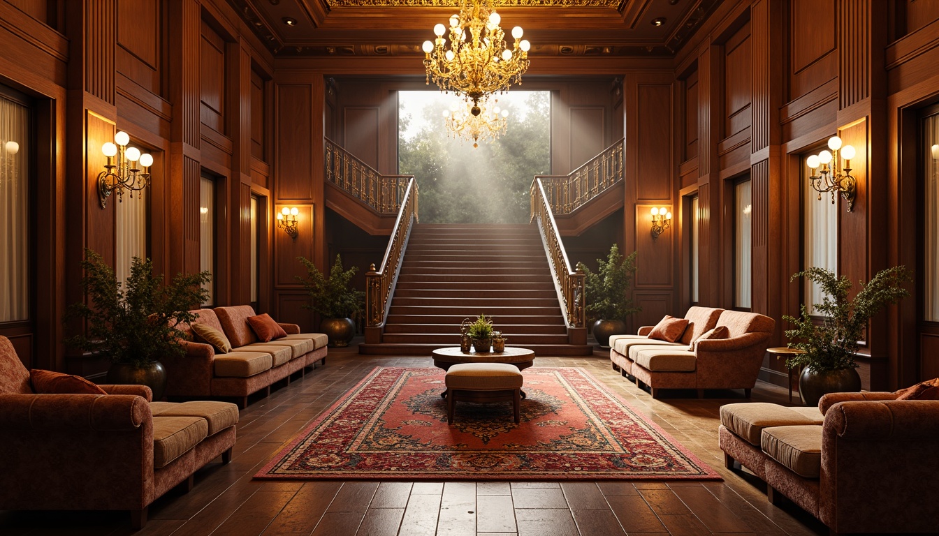 Prompt: Luxurious lobby, ornate chandeliers, rich wood paneling, plush velvet sofas, intricately patterned rugs, grand staircase, elegant furnishings, classic lamp posts, antique vases, lavish drapery, warm golden lighting, soft focused photography, shallow depth of field, 2/3 composition, atmospheric mist, realistic textures, ornate metalwork details.