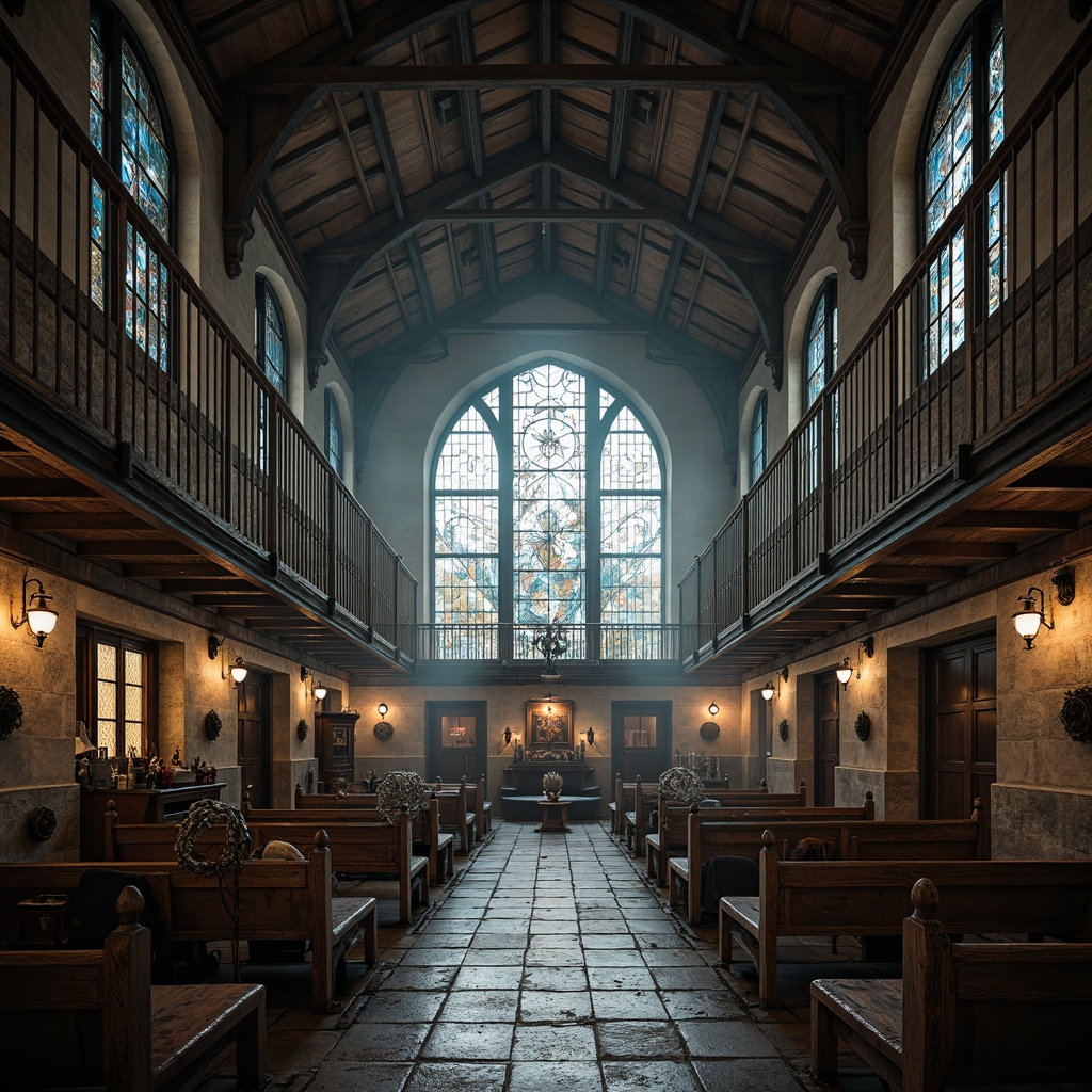 Prompt: Rustic Gothic cathedral, industrial metal beams, stone walls, grandiose stained glass windows, mysterious crypts, old machinery, distressed wood accents, intricate ironwork, Victorian-era inspired furnishings, foggy atmosphere, soft warm lighting, cinematic composition, dramatic shadows, ambient occlusion.