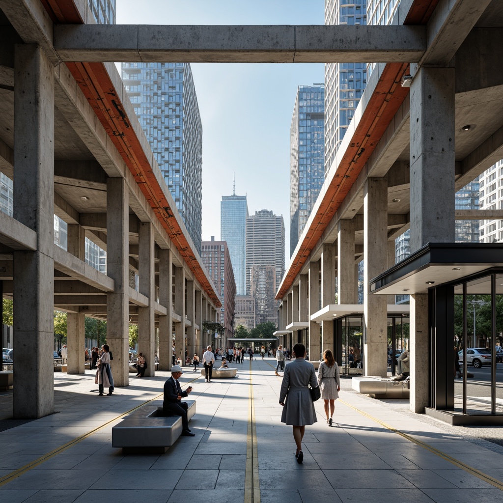 Prompt: Exposed concrete structures, industrial metal beams, functional minimalist design, rectangular forms, flat roofs, cantilevered canopies, bold color accents, geometric patterns, raw material textures, natural light infiltration, urban cityscape background, busy street atmosphere, modern transportation hub, sleek bus shelters, stainless steel benches, ribbed glass fa\u00e7ades, angular LED lighting, brutalist architectural style, functional simplicity, rational design principles, 3/4 composition, low-angle shot, dramatic shadows, high-contrast lighting.