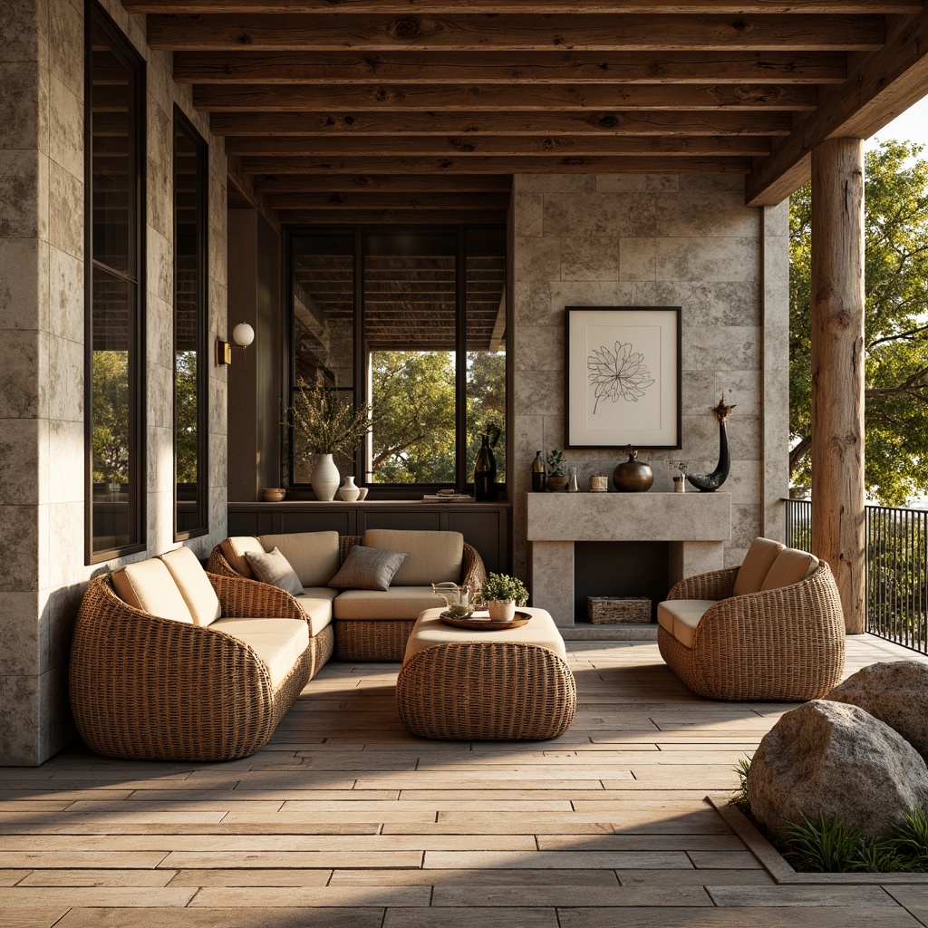 Prompt: Rustic wooden planks, distressed stone walls, metallic mesh panels, woven rattan furniture, velvety soft cushions, intricate ceramic tiles, glossy lacquered finishes, rough-hewn boulders, undulating waves patterns, natural earthy tones, warm golden lighting, shallow depth of field, 2/3 composition, realistic textures, ambient occlusion.