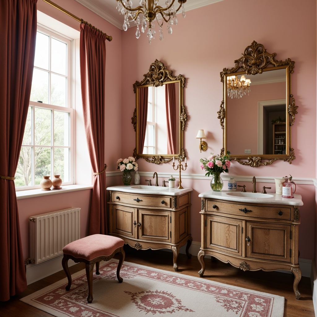 Prompt: Soft pink walls, ornate gold mirrors, distressed wooden vanity, velvet upholstered stool, floral patterned rug, delicate lace curtains, antique bronze fixtures, warm soft lighting, powder room essentials, porcelain vessels, crystal chandelier, luxurious marble countertops, ornamental flower arrangements, feminine touches, elegant candelabras, French-inspired furniture, rustic wooden accents, romantic ambiance, shallow depth of field, 1/1 composition, warm color palette.